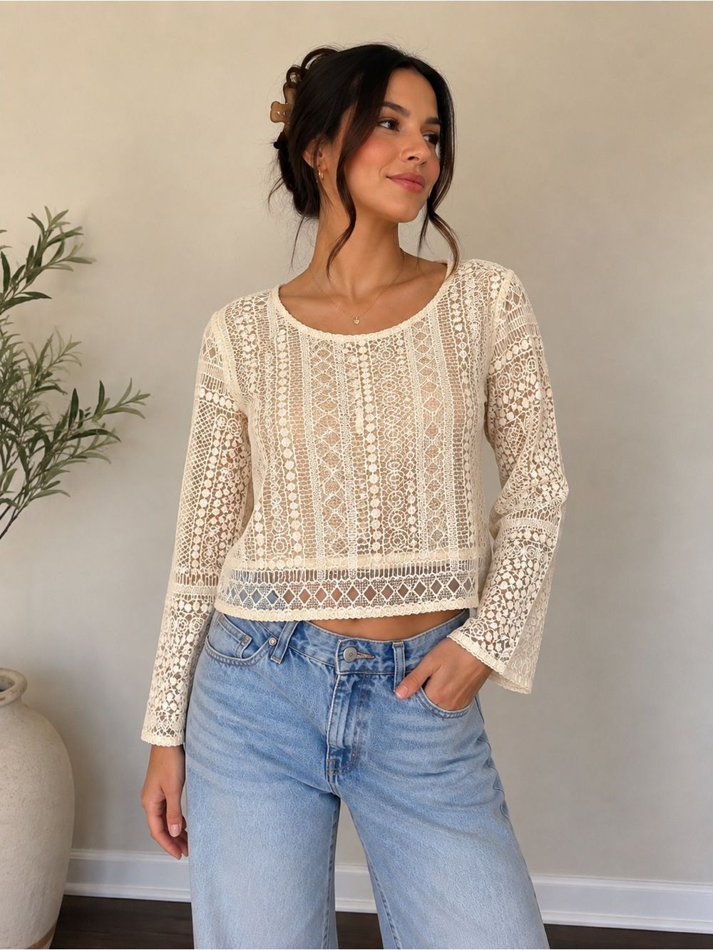 American Eagle Outfitters Cream Lace Cropped Long-Sleeve Top